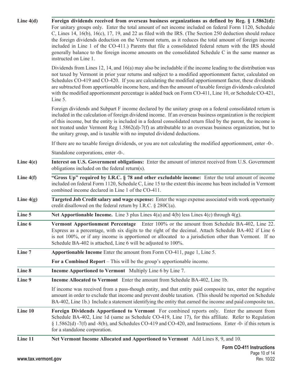 Instructions for Form CO-411 Corporate Income Tax Return - Vermont, Page 10