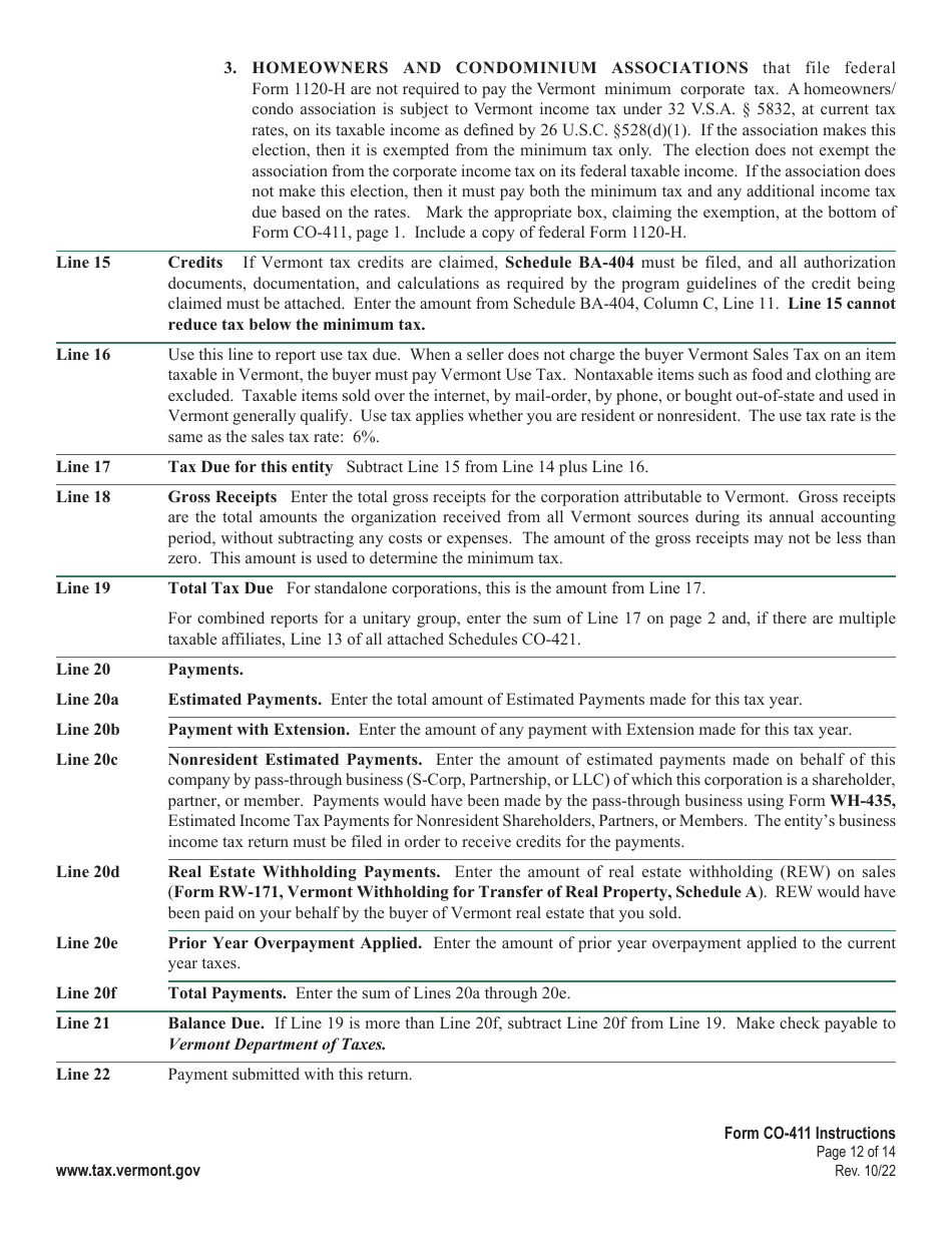 Instructions for Form CO-411 Corporate Income Tax Return - Vermont, Page 12