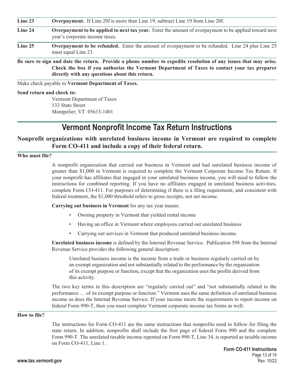Instructions for Form CO-411 Corporate Income Tax Return - Vermont, Page 13