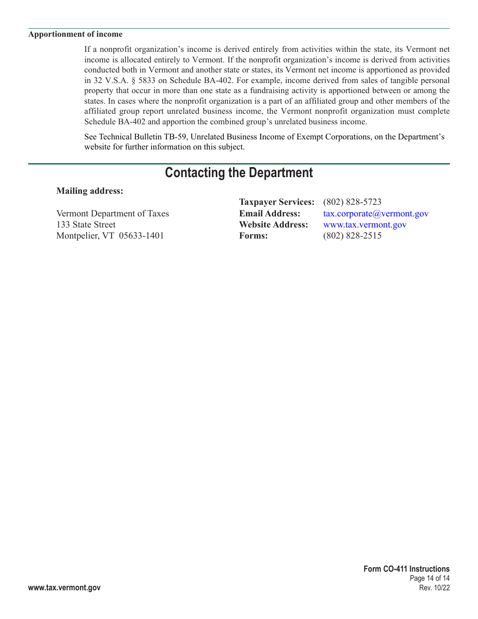 Instructions for Form CO-411 Corporate Income Tax Return - Vermont, Page 14