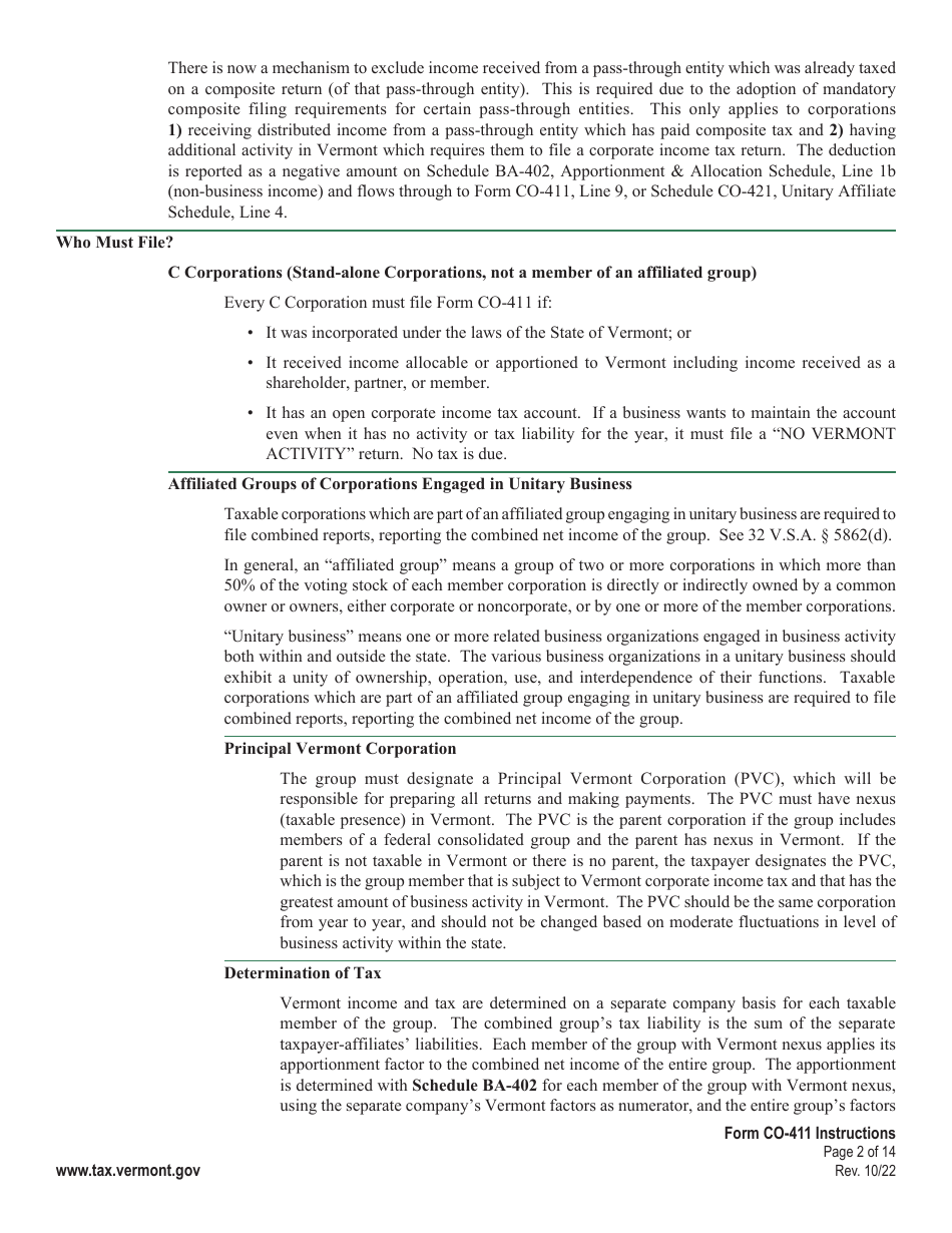 Instructions for Form CO-411 Corporate Income Tax Return - Vermont, Page 2