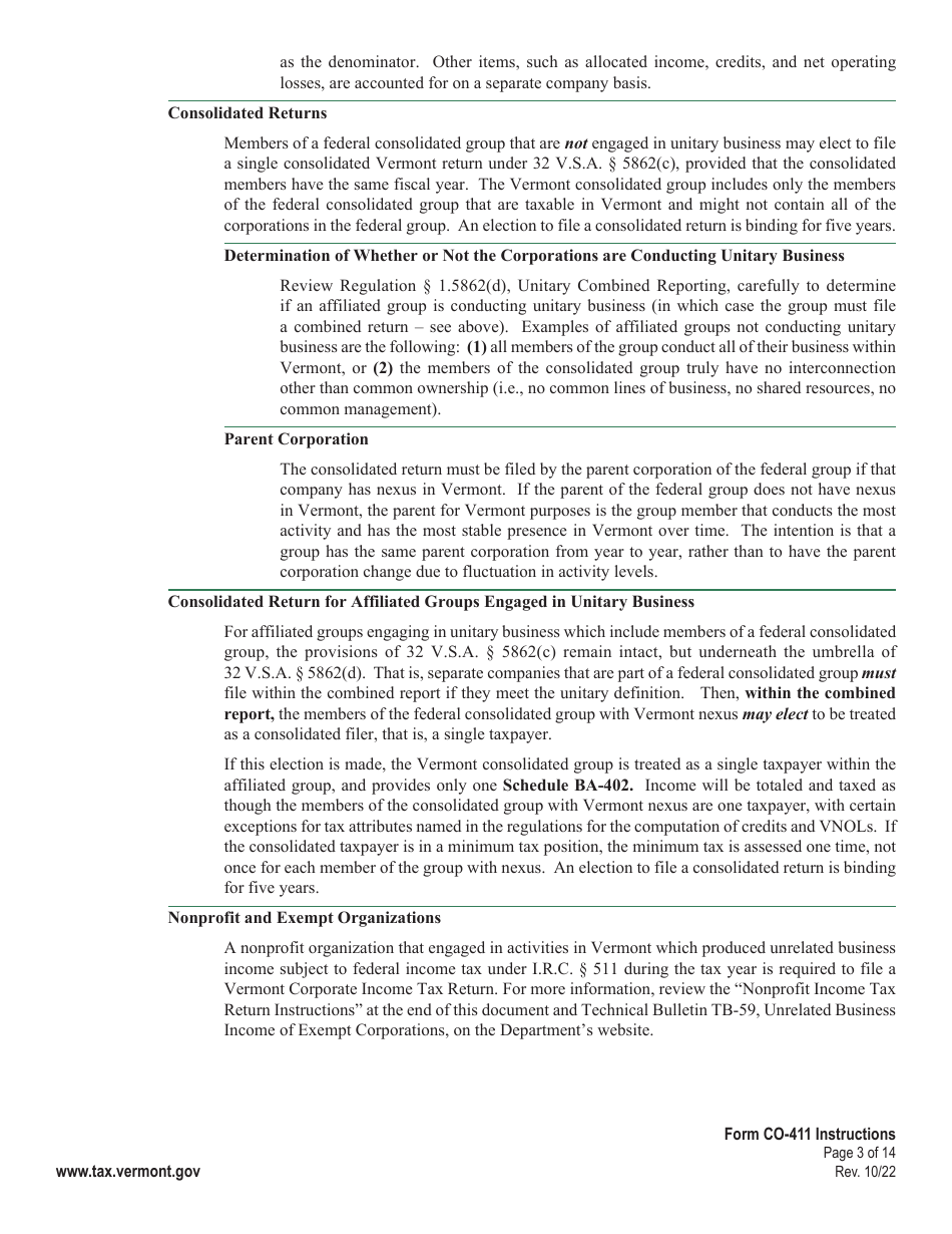 Instructions for Form CO-411 Corporate Income Tax Return - Vermont, Page 3