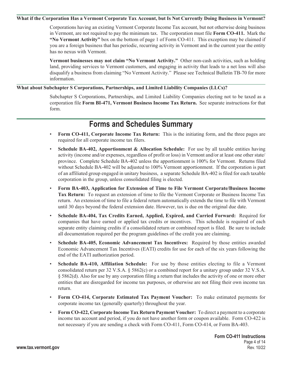 Instructions for Form CO-411 Corporate Income Tax Return - Vermont, Page 4