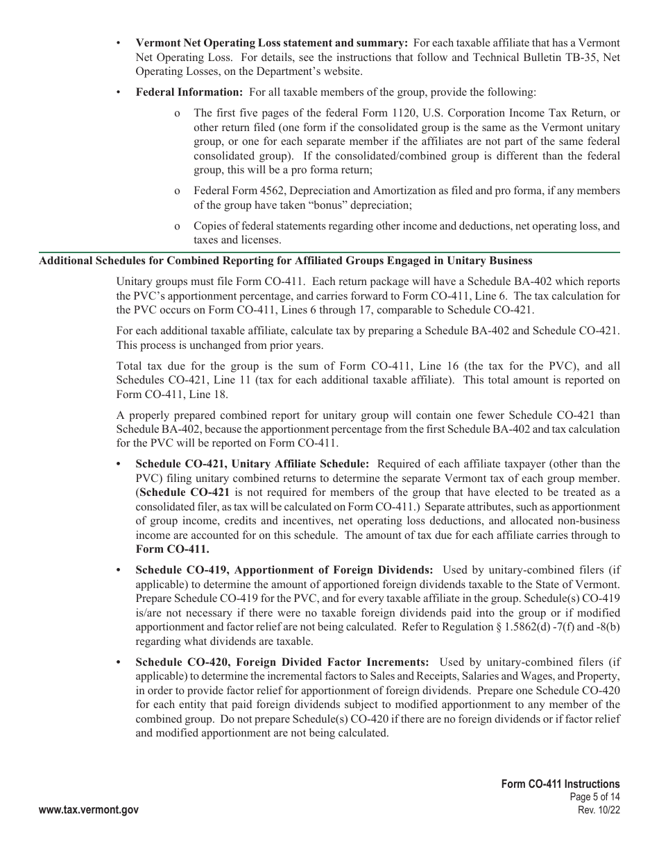 Instructions for Form CO-411 Corporate Income Tax Return - Vermont, Page 5