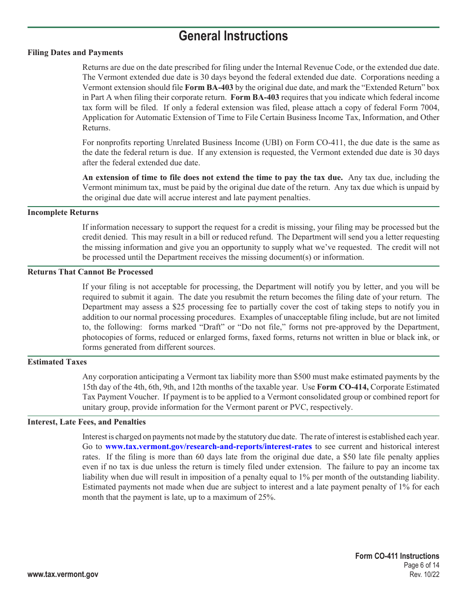 Instructions for Form CO-411 Corporate Income Tax Return - Vermont, Page 6