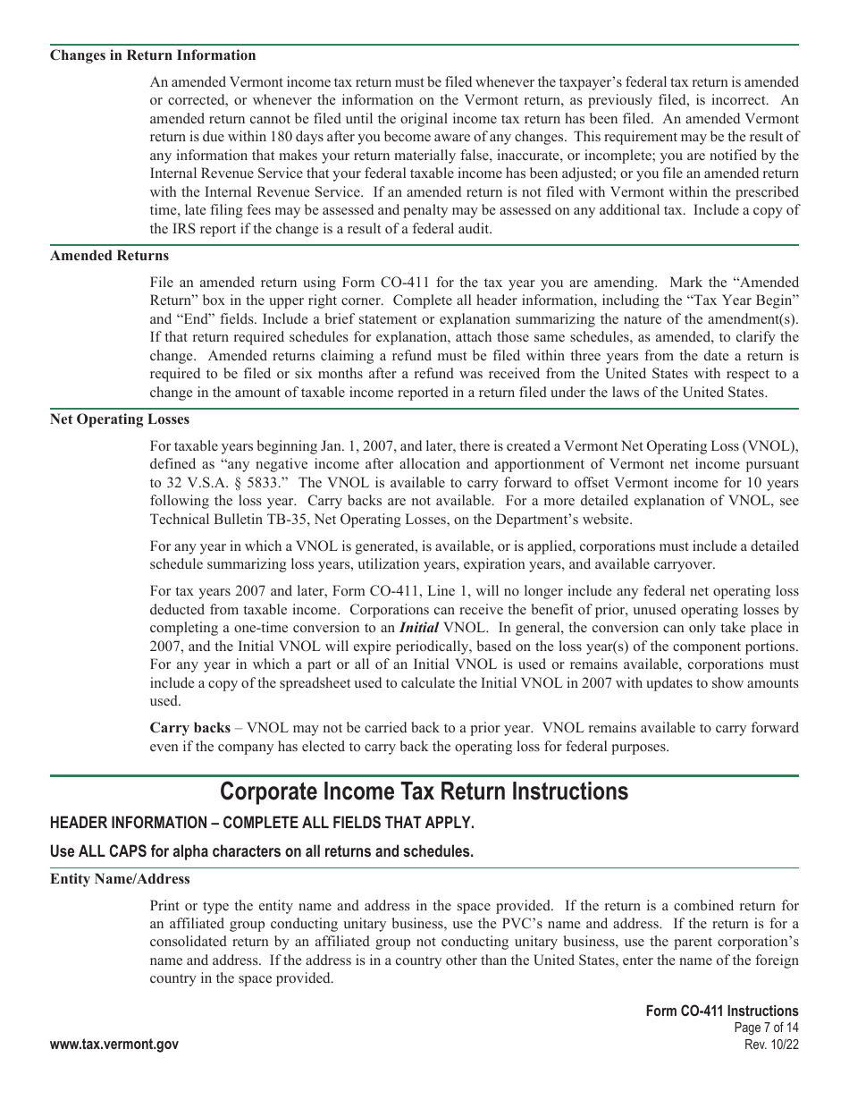 Instructions for Form CO-411 Corporate Income Tax Return - Vermont, Page 7