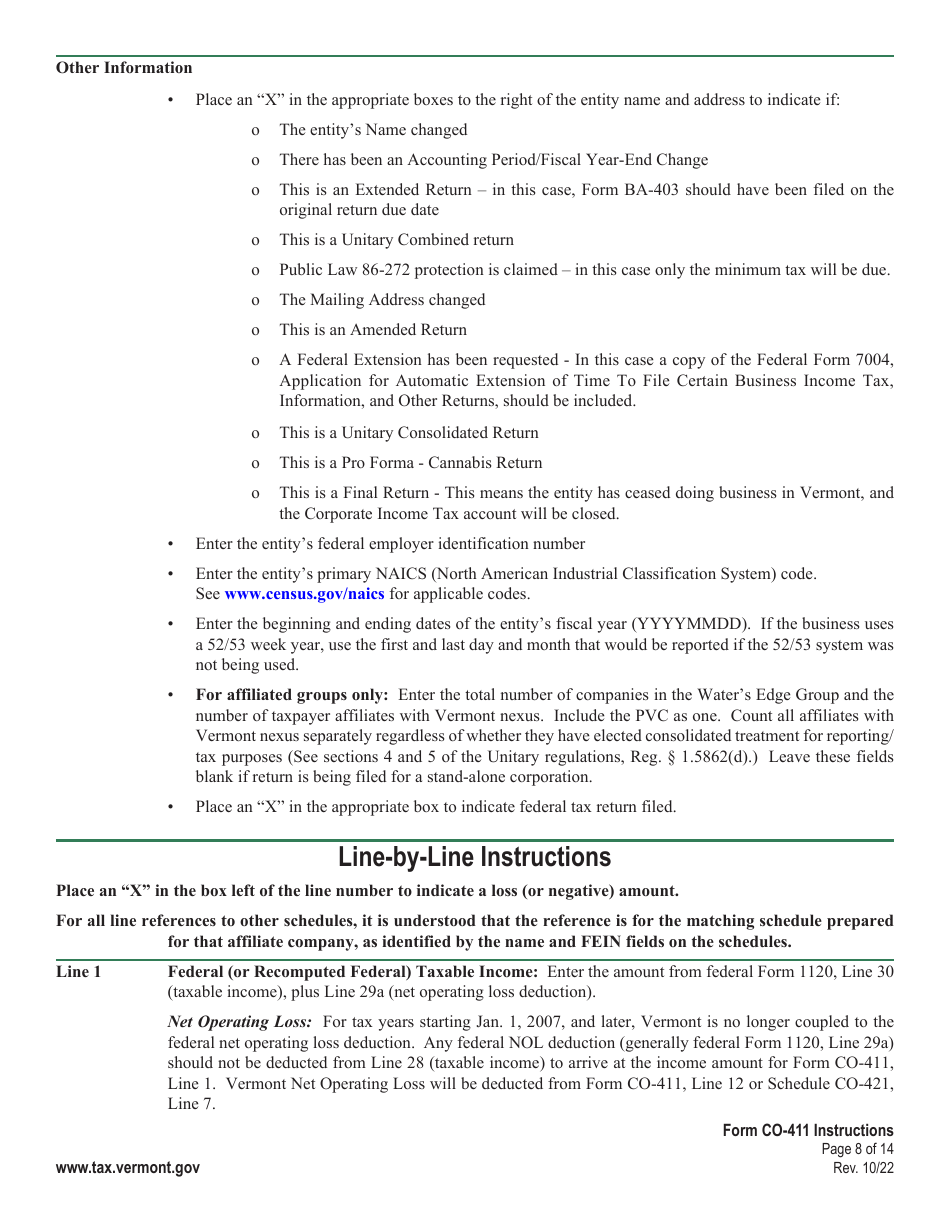 Instructions for Form CO-411 Corporate Income Tax Return - Vermont, Page 8