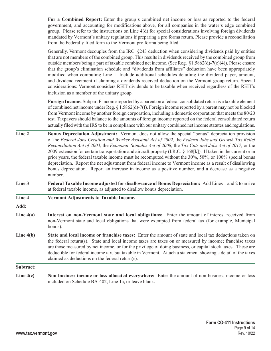 Instructions for Form CO-411 Corporate Income Tax Return - Vermont, Page 9