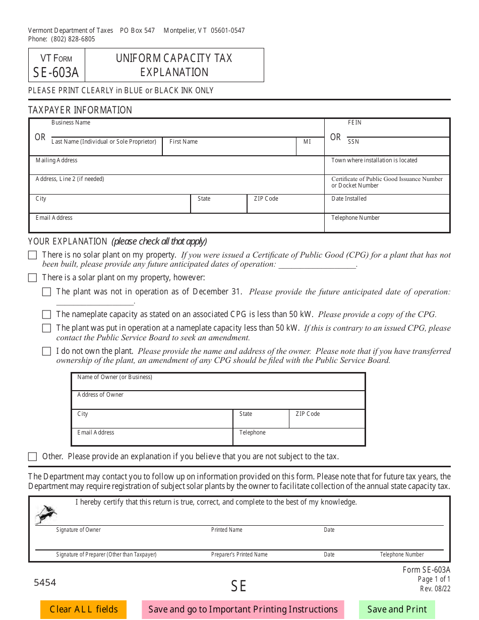 VT Form SE-603A Uniform Capacity Tax Explanation - Vermont, Page 1