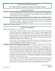 Instructions for Schedule BA-404 Tax Credits Earned, Applied, Expired, and Carried Forward - Vermont