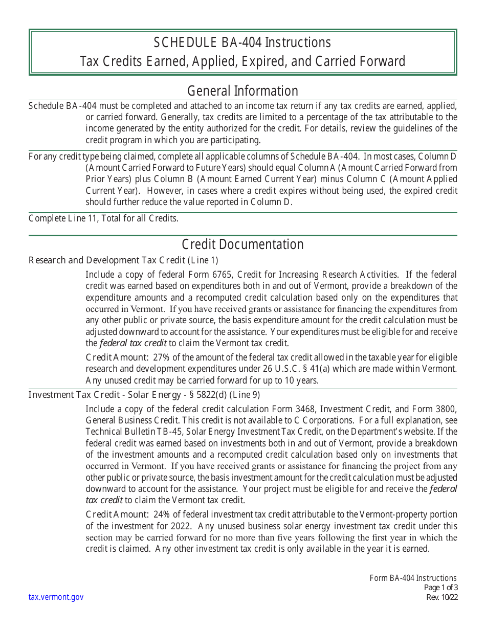 Instructions for Schedule BA-404 Tax Credits Earned, Applied, Expired, and Carried Forward - Vermont, Page 1