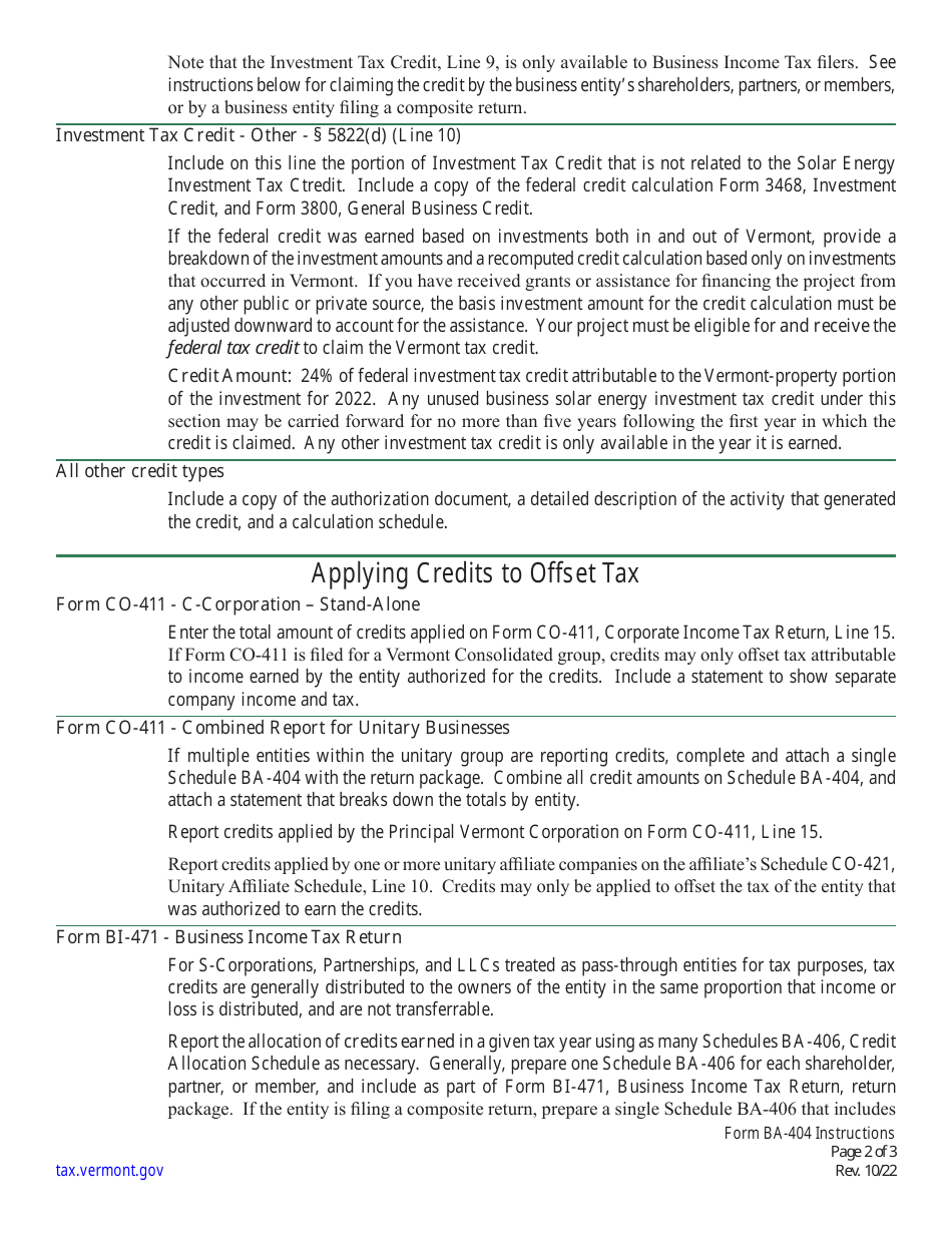 Instructions for Schedule BA-404 Tax Credits Earned, Applied, Expired, and Carried Forward - Vermont, Page 2