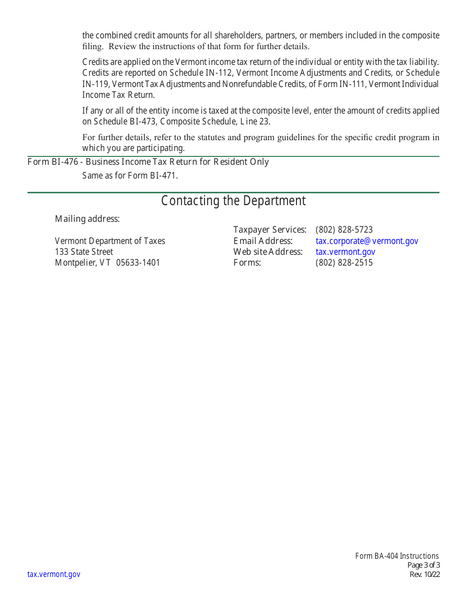 Instructions for Schedule BA-404 Tax Credits Earned, Applied, Expired, and Carried Forward - Vermont, Page 3