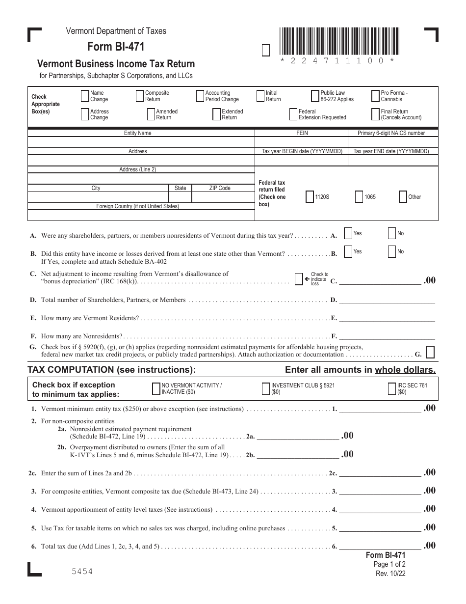 Form BI-471 Vermont Business Income Tax Return for Partnerships, Subchapter S Corporations, and Llcs - Vermont, Page 1