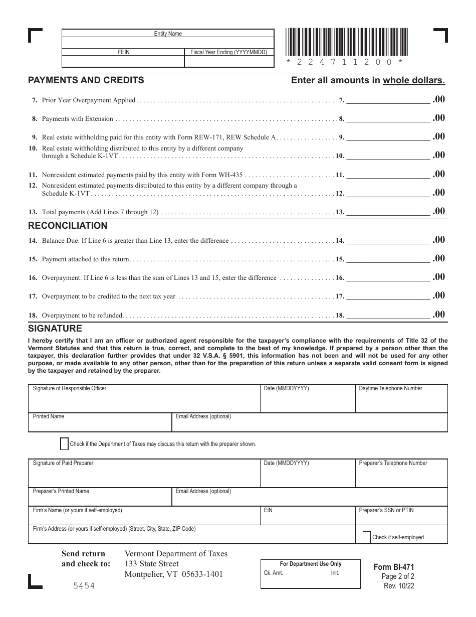 Form BI-471 Vermont Business Income Tax Return for Partnerships, Subchapter S Corporations, and Llcs - Vermont, Page 2