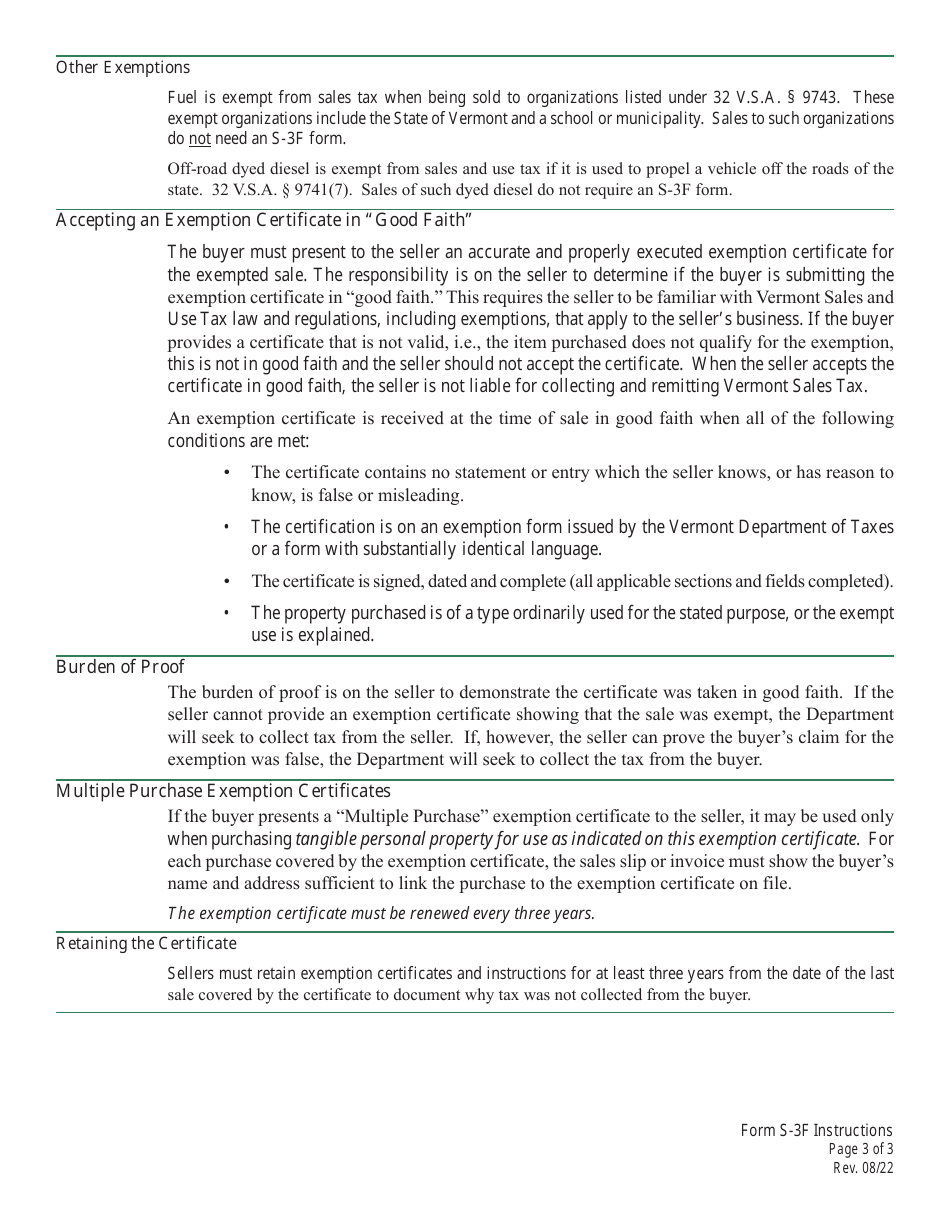 Form S-3F Vermont Sales Tax Exemption Certificate for Fuel or Electricity - Vermont, Page 3
