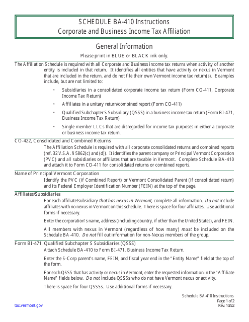 Schedule BA-410  Printable Pdf