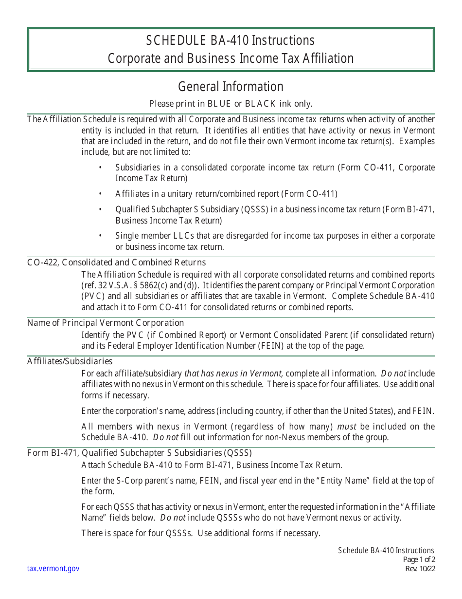 Instructions for Schedule BA-410 Vermont Corporate and Business Income Tax Affiliation - Vermont, Page 1