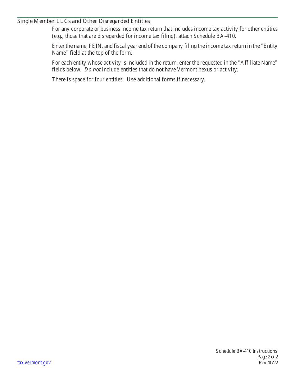 Instructions for Schedule BA-410 Vermont Corporate and Business Income Tax Affiliation - Vermont, Page 2