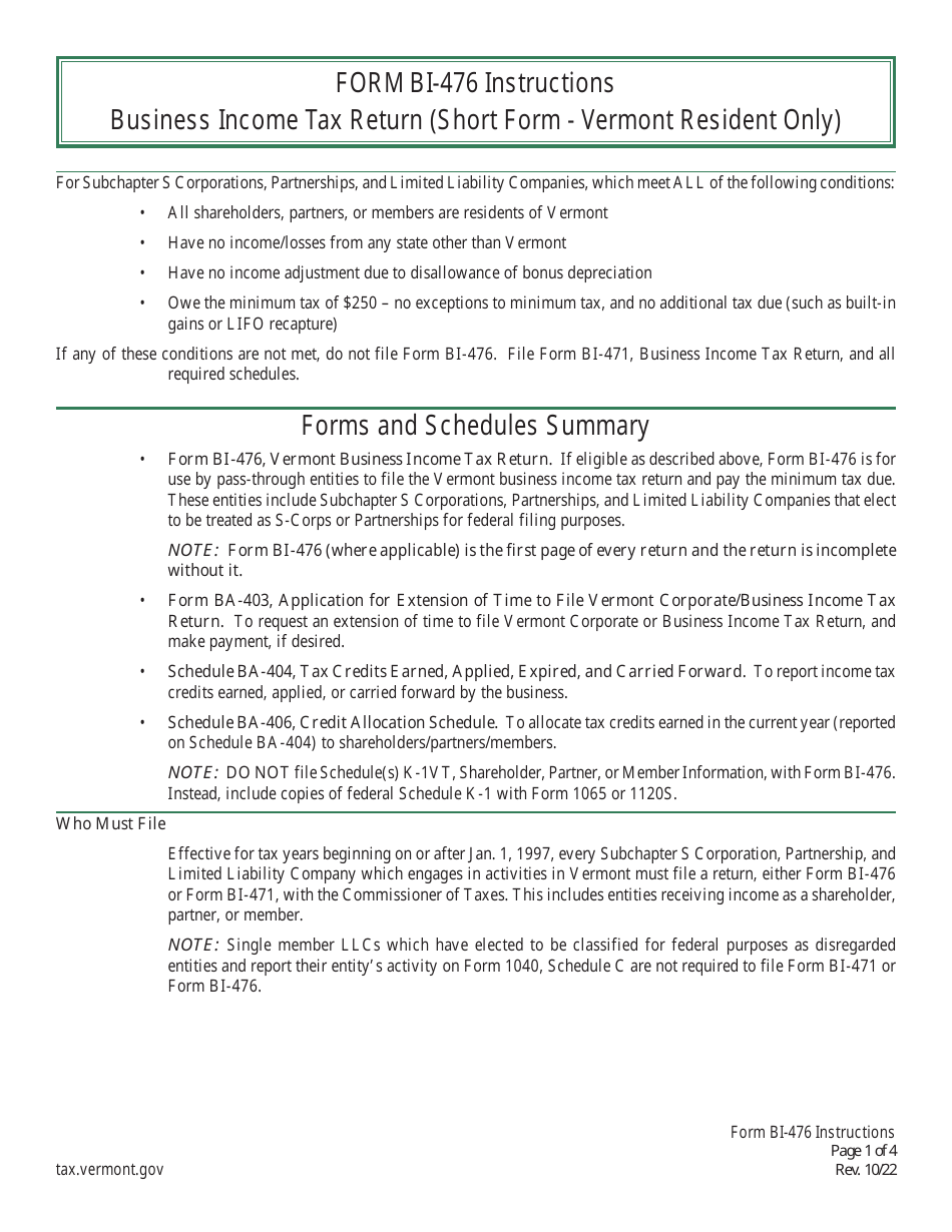 Instructions for Form BI-476 Business Income Tax Return for Resident Only - Vermont, Page 1