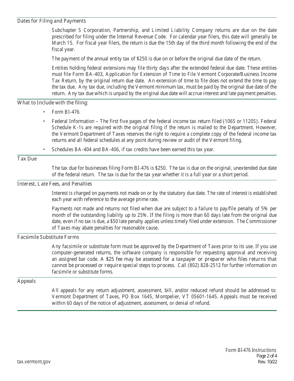 Instructions for Form BI-476 Business Income Tax Return for Resident Only - Vermont, Page 2