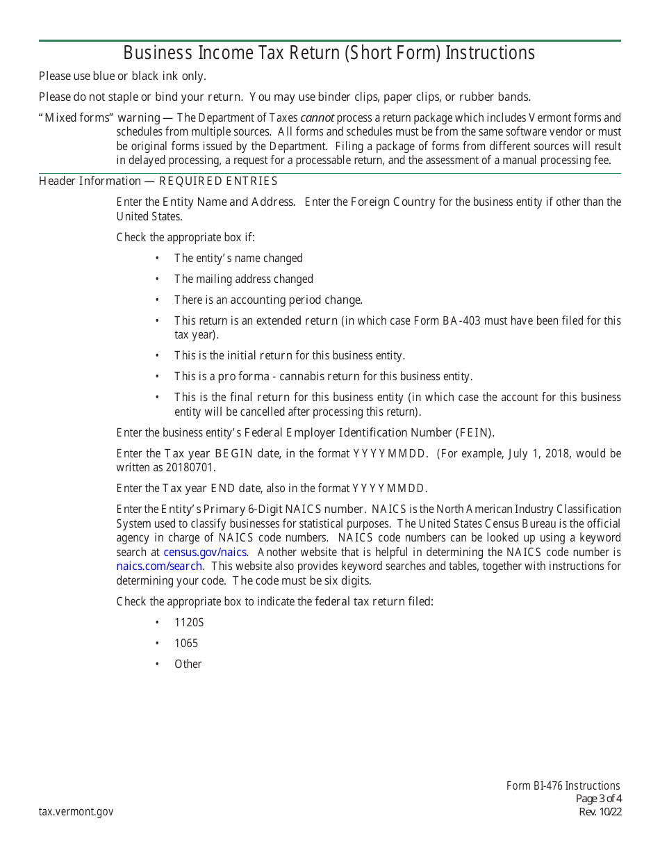 Instructions for Form BI-476 Business Income Tax Return for Resident Only - Vermont, Page 3