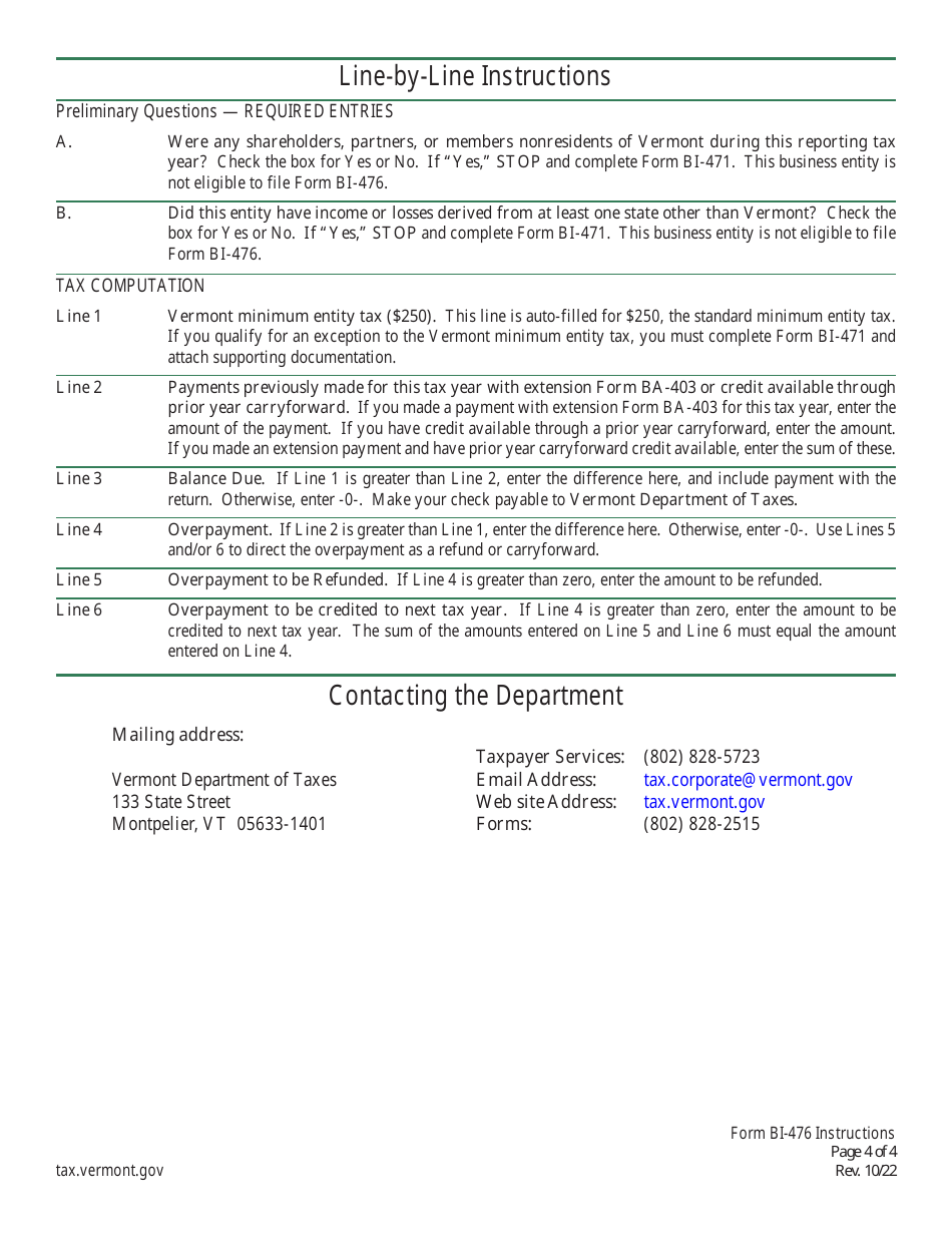 Instructions for Form BI-476 Business Income Tax Return for Resident Only - Vermont, Page 4