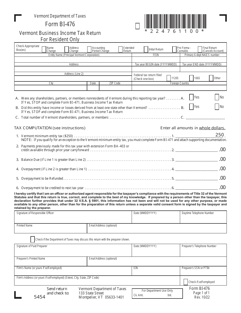 VT Form BI-476 Vermont Business Income Tax Return for Resident Only - Vermont, Page 1