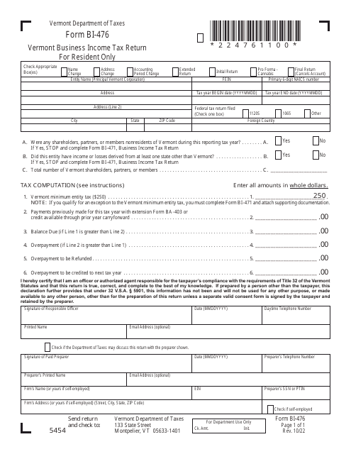 VT Form BI-476 Vermont Business Income Tax Return for Resident Only - Vermont