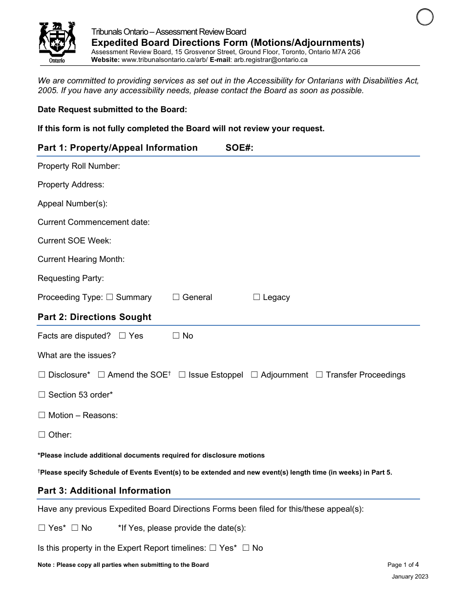 Expedited Board Directions Form (Motions / Adjournments) - Ontario, Canada, Page 1