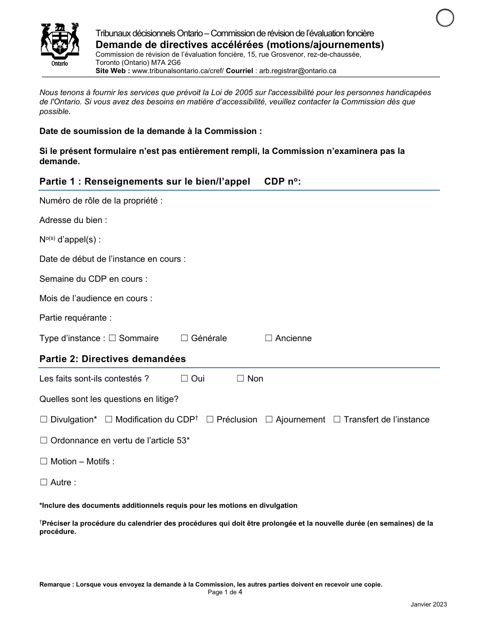 Demande De Directives Accelerees (Motions / Ajournements) - Ontario, Canada (French), Page 1