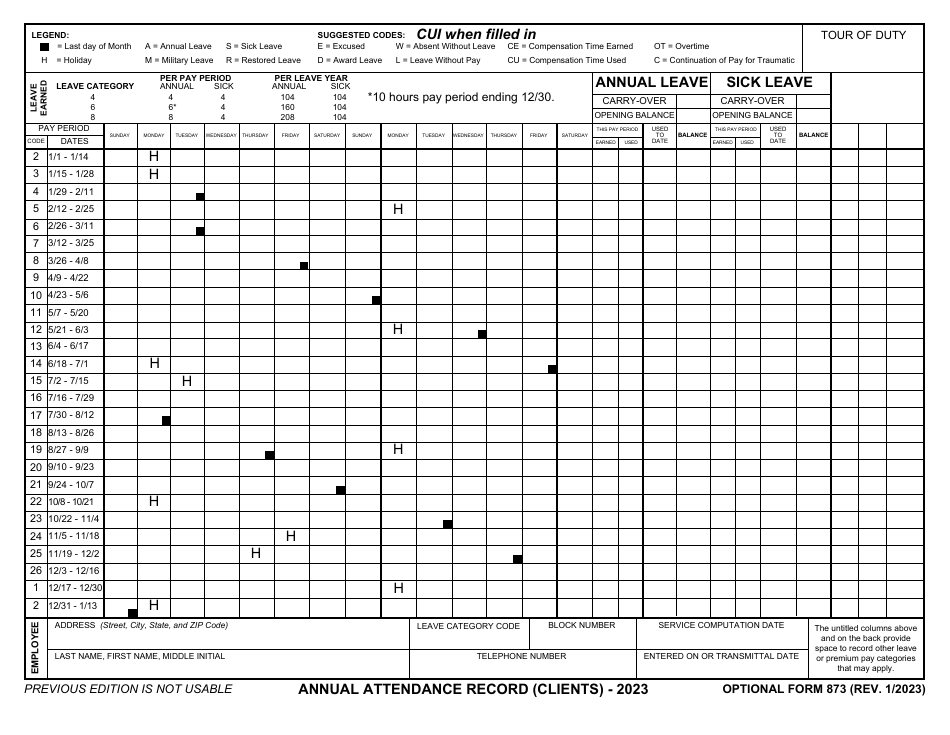 GSA Form 873 Annual Attendance Record (Clients), Page 1