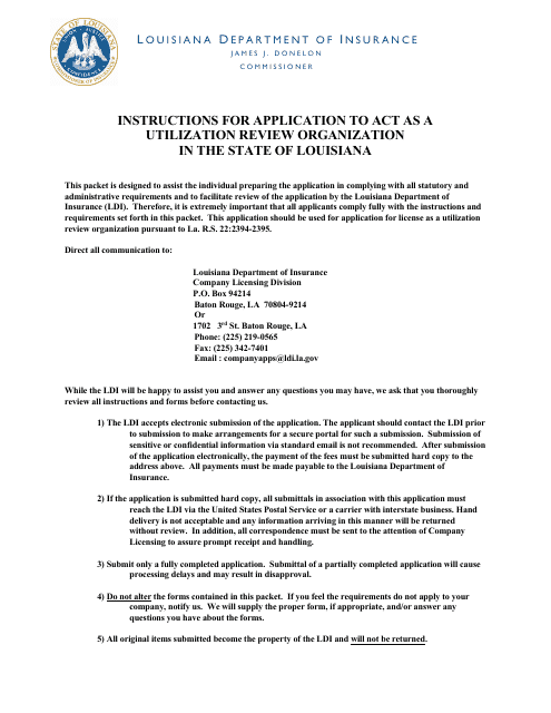 Application to Act as a Utilization Review Organization in the State of Louisiana - Louisiana Download Pdf