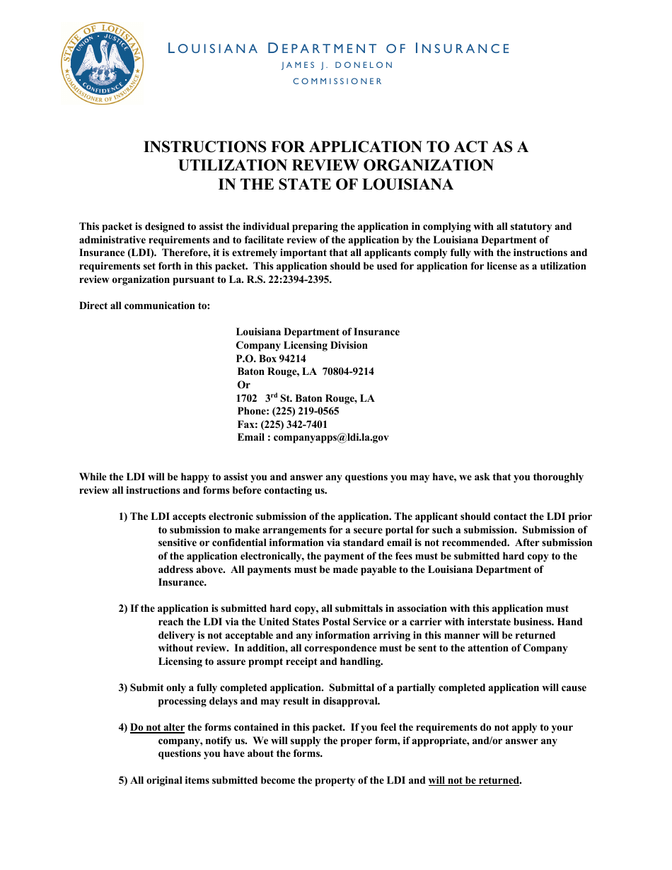 Application to Act as a Utilization Review Organization in the State of Louisiana - Louisiana, Page 1