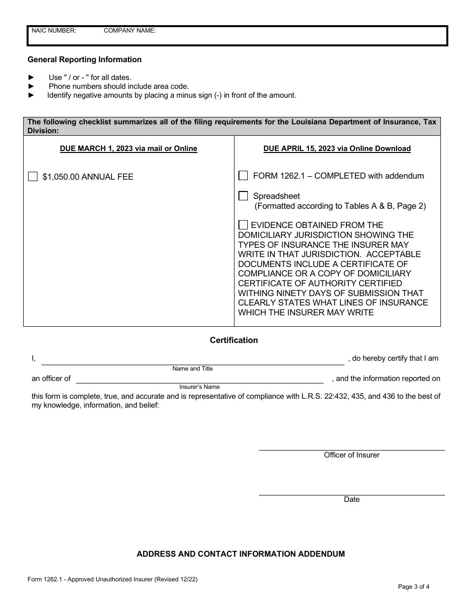 Form 1262.1 Approved Unauthorized Insurer Producer Production Report - Foreign - Louisiana, Page 3
