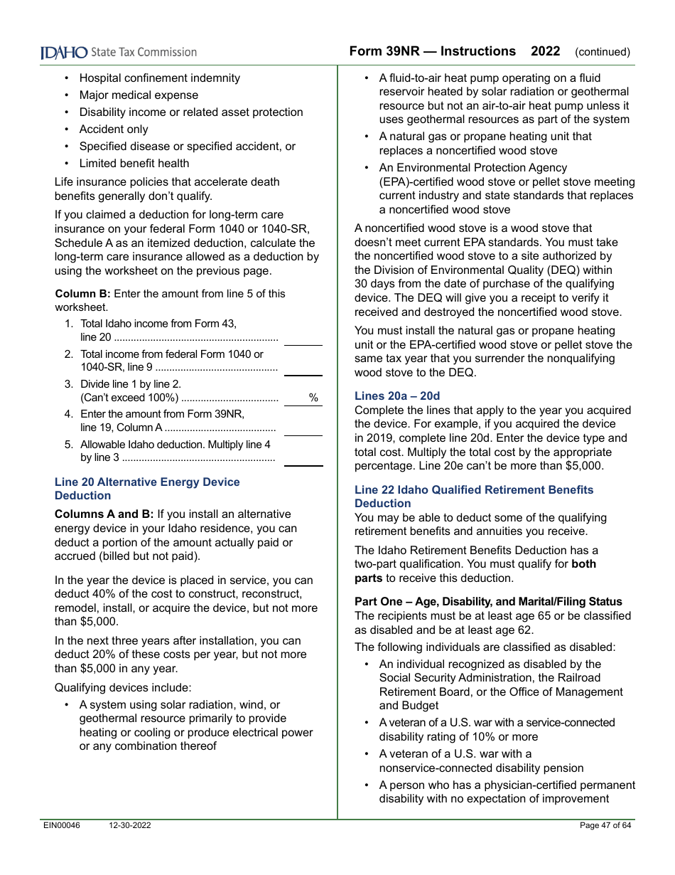 Form 39NR (EFO00087) Part-Year Resident and Nonresident Supplemental Schedule - Idaho, Page 10