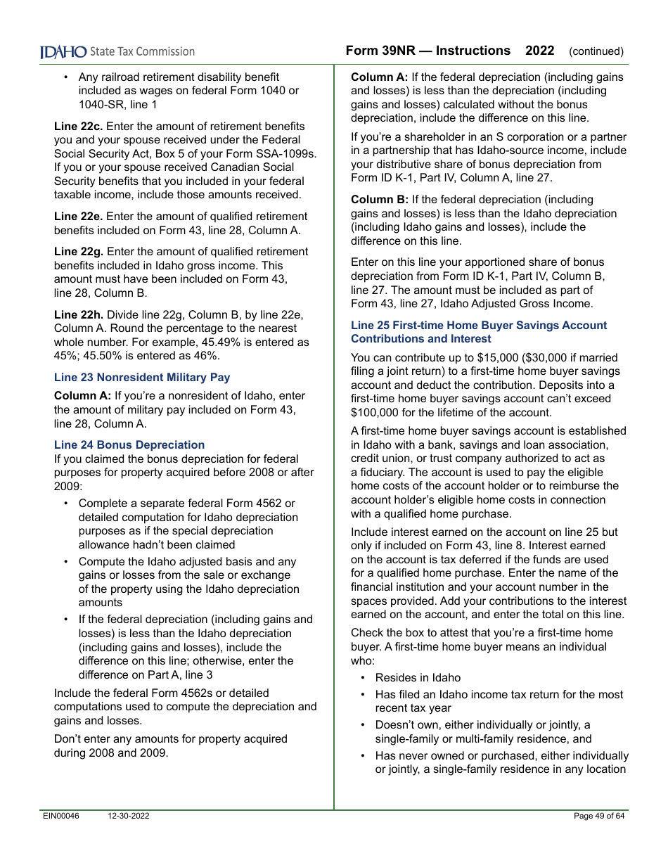 Form 39NR (EFO00087) Part-Year Resident and Nonresident Supplemental Schedule - Idaho, Page 12