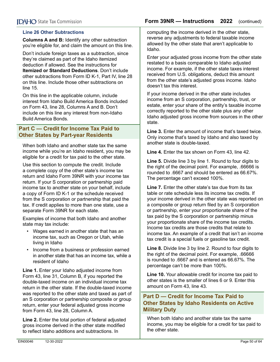 Form 39NR (EFO00087) Part-Year Resident and Nonresident Supplemental Schedule - Idaho, Page 13