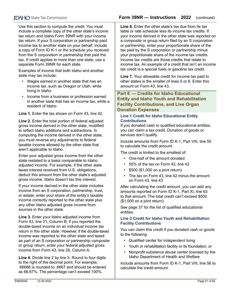 Form 39NR (EFO00087) Part-Year Resident and Nonresident Supplemental Schedule - Idaho, Page 14