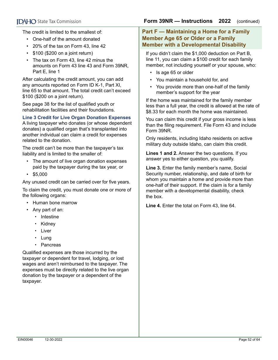 Form 39NR (EFO00087) Part-Year Resident and Nonresident Supplemental Schedule - Idaho, Page 15