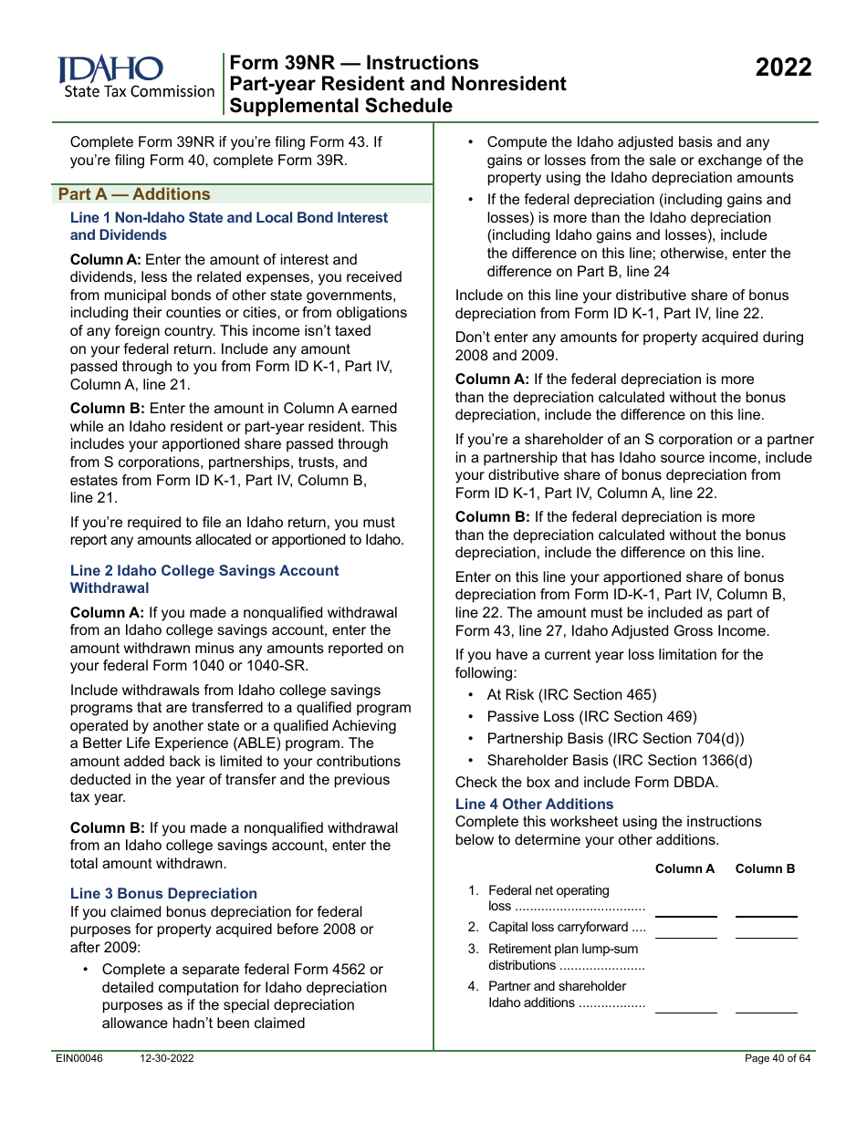 Form 39NR (EFO00087) Part-Year Resident and Nonresident Supplemental Schedule - Idaho, Page 3