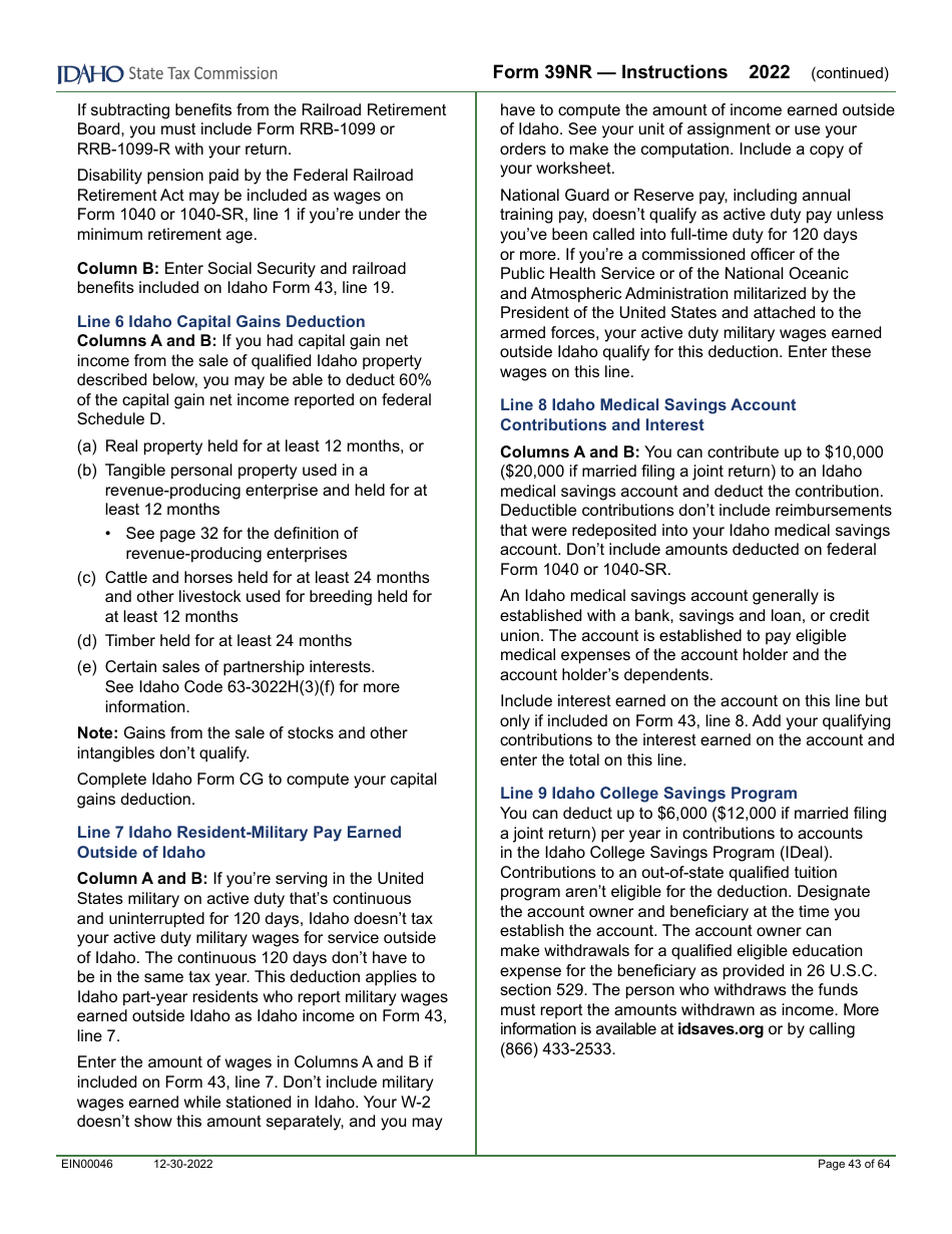 Form 39NR (EFO00087) Part-Year Resident and Nonresident Supplemental Schedule - Idaho, Page 6
