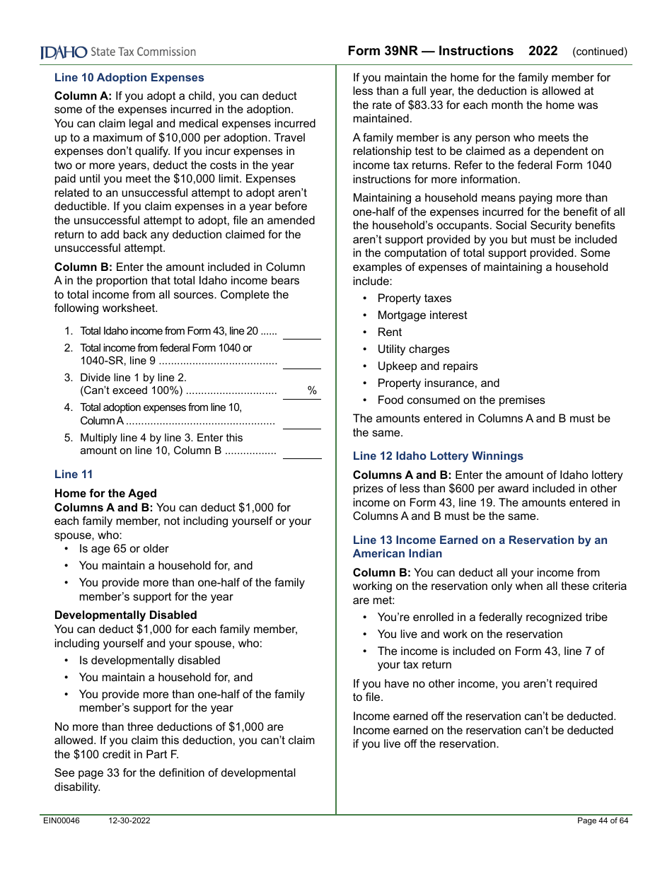 Form 39NR (EFO00087) Part-Year Resident and Nonresident Supplemental Schedule - Idaho, Page 7