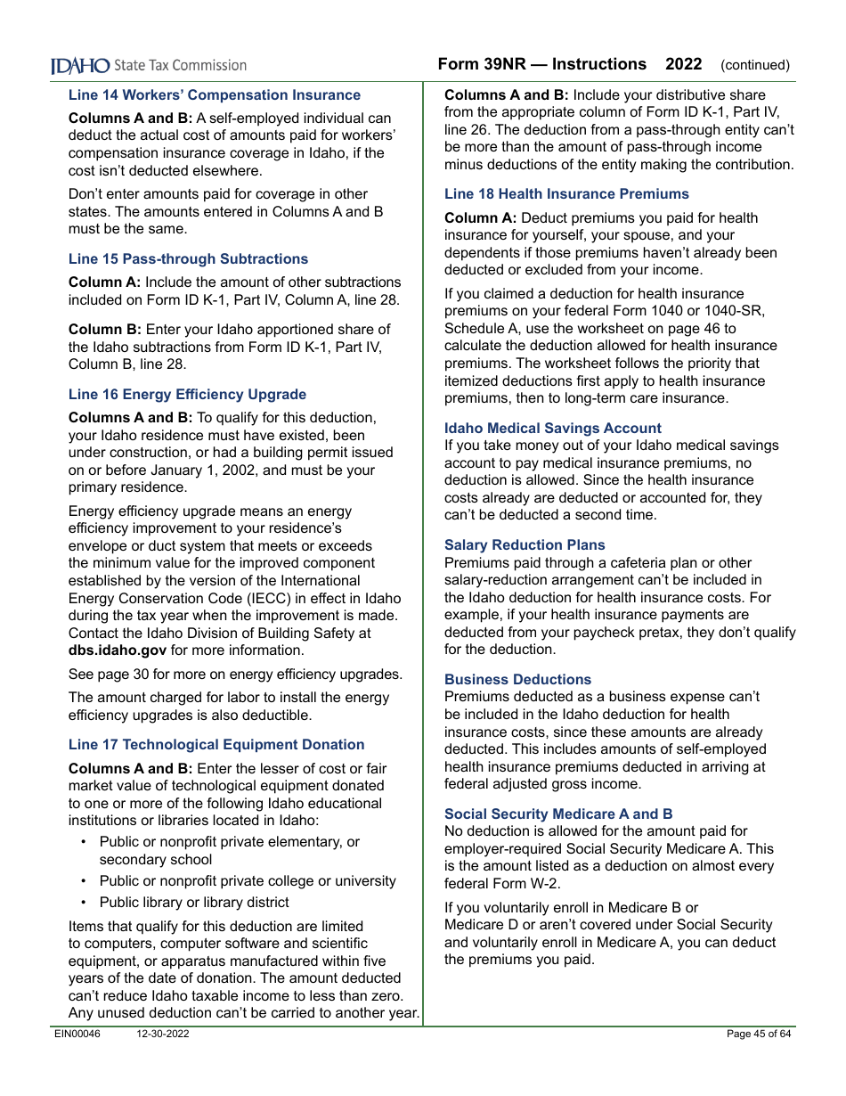 Form 39NR (EFO00087) Part-Year Resident and Nonresident Supplemental Schedule - Idaho, Page 8