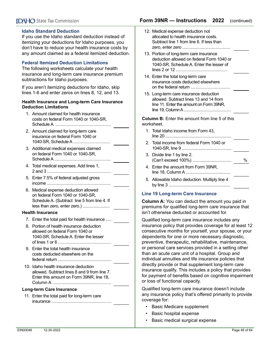 Form 39NR (EFO00087) Part-Year Resident and Nonresident Supplemental Schedule - Idaho, Page 9