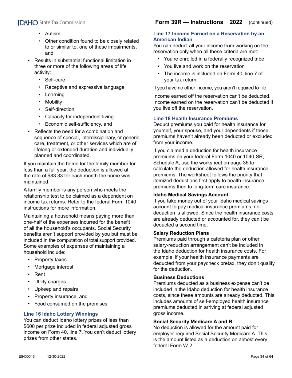 Form 39R (EFO00088) Resident Supplemental Schedule - Idaho, Page 10