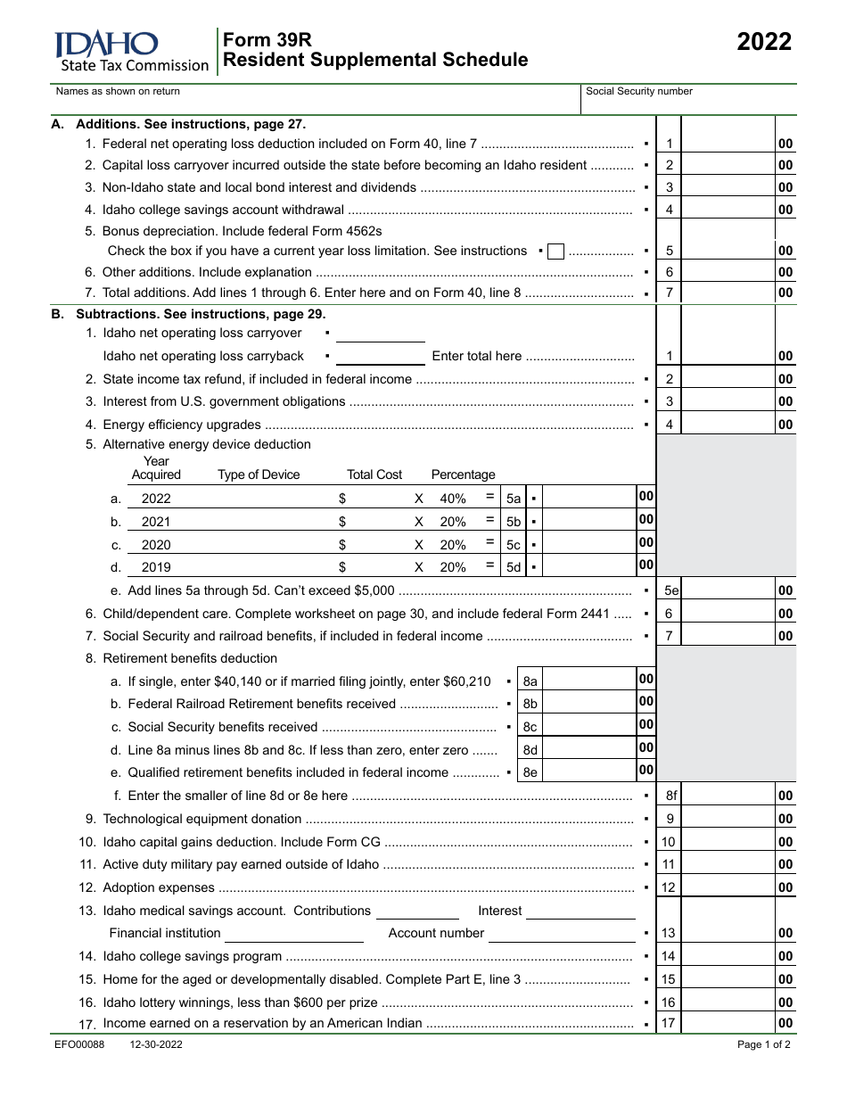 Form 39R (EFO00088) Resident Supplemental Schedule - Idaho, Page 1