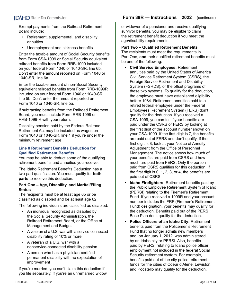 Form 39R (EFO00088) Resident Supplemental Schedule - Idaho, Page 7