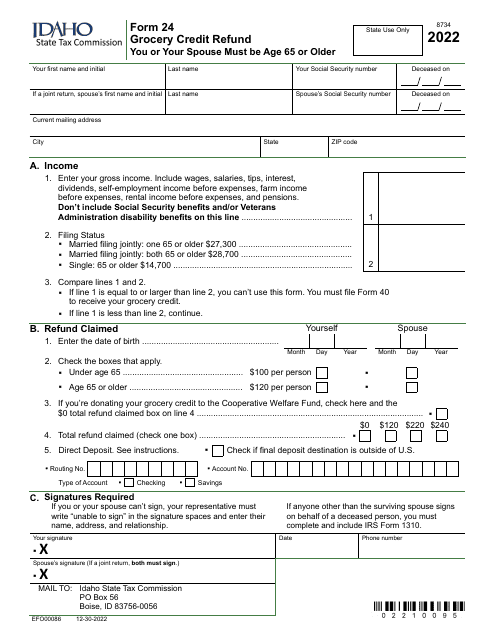 Form 24 (EFO00086) Grocery Credit Refund - You or Your Spouse Must Be Age 65 or Older - Idaho, 2022