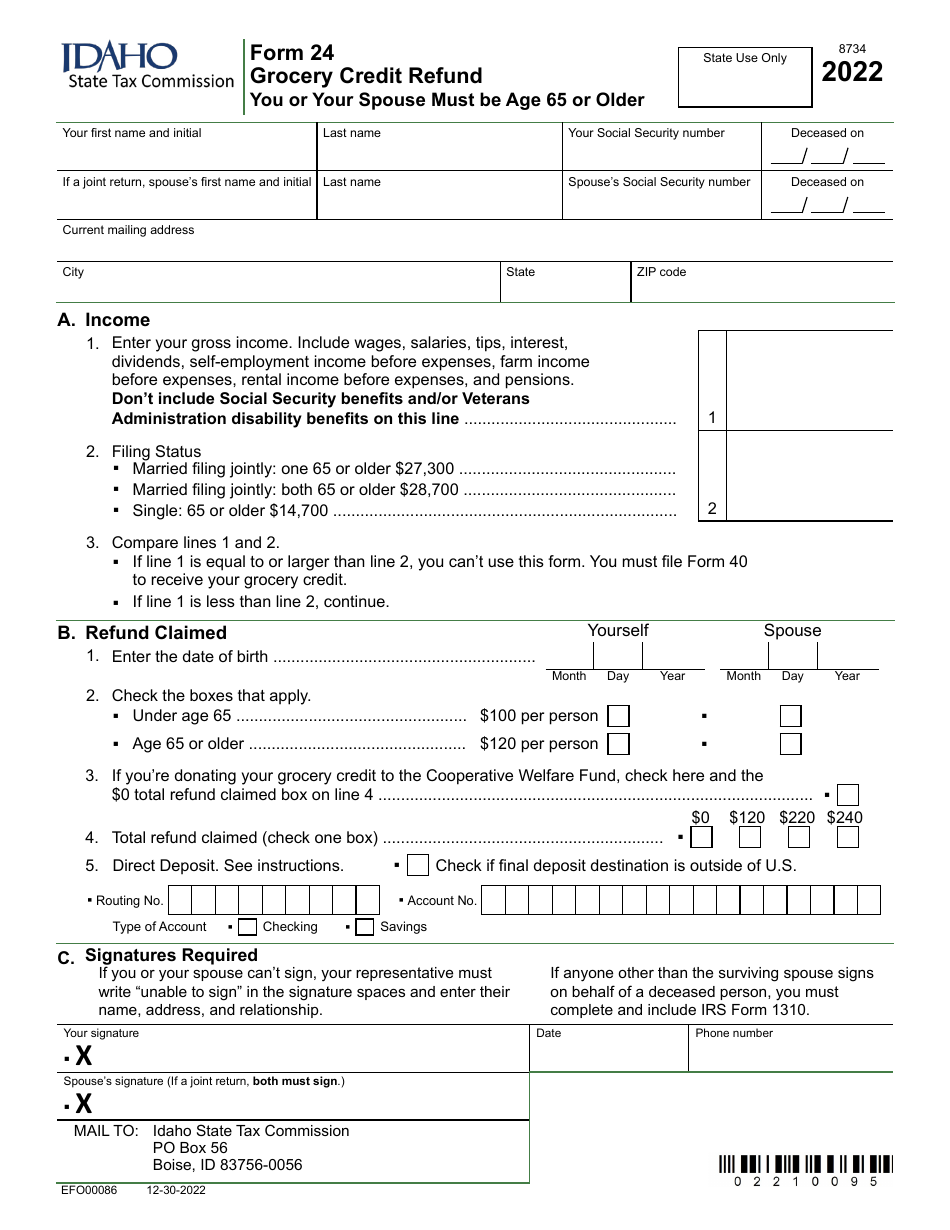 Form 24 (EFO00086) Grocery Credit Refund - You or Your Spouse Must Be Age 65 or Older - Idaho, Page 1
